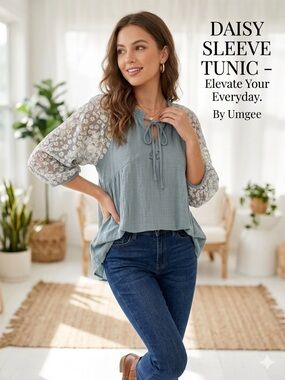 Umgee Teal Prairie Peasant Blouse with Tie Neck